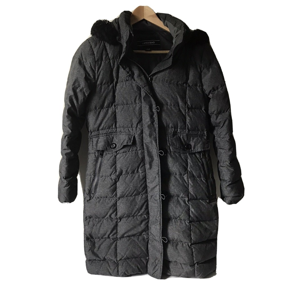 Lands End Womens Charcoal Gray Down Filled Hooded Puffer‎ Parka Coat S 6-8
